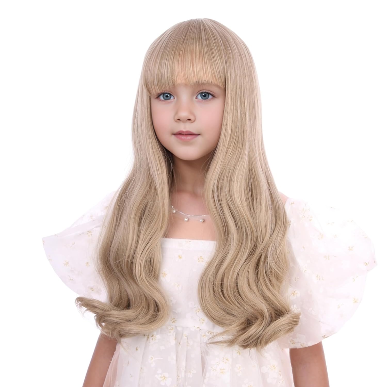 Mixed Blonde Wig for Kids Child Long Ash Blonde Wig with Flat Bangs Long Wavy Curly Wigs for Girls Heat Resistant Synthetic Wigs with Cap - Image 3