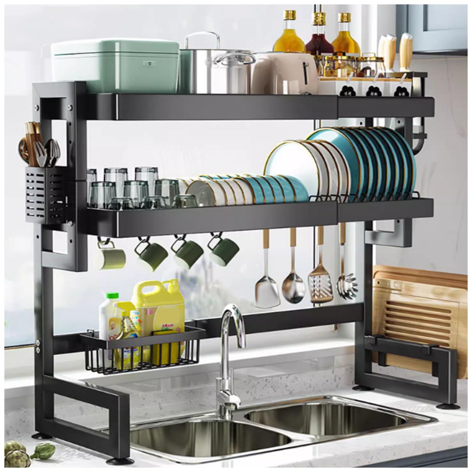 Escurridor para platos sobre el fregadero, 3 niveles de gran capacidad ajustable (62 cm - 92 cm / 24.4in), estante extensible sobre el fregadero con soporte para utensilios