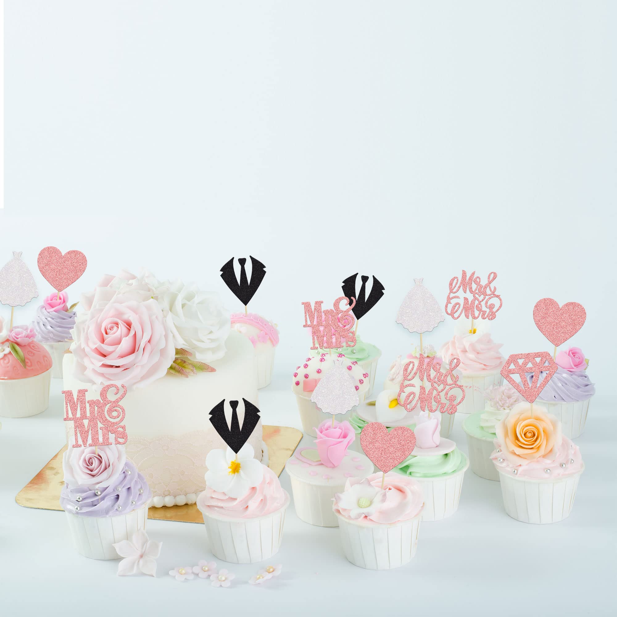 24Pcs Gold Glitter Mr & Mrs Cupcake Toppers - Wedding Bridal Shower Cake Decorations