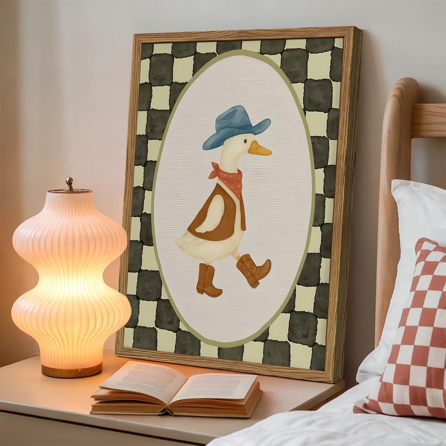 Funny Western Cowboy Goose Wall Art Cute Silly Goose in Cowboy Hat Boots Wall Decor Painting, Whimsical Checkered Animal Poster Canvas Print for Living Room Bedroom 12x16 inch Wood Framed