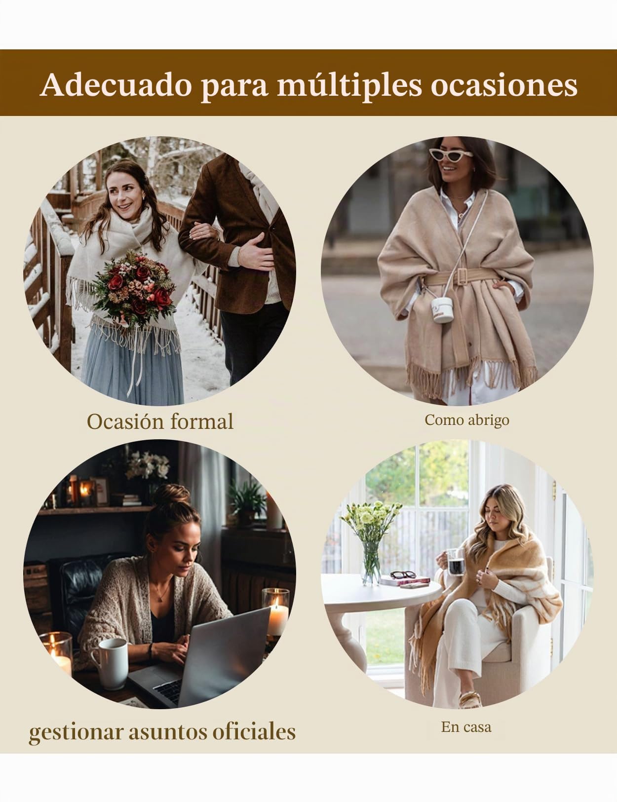 BEAUTELICATE Bufanda de Mezcla de Lana Mujer Capa Poncho de Punto Triangular Pashmina Chales con Flecos para Otoño Invierno Talla Grande