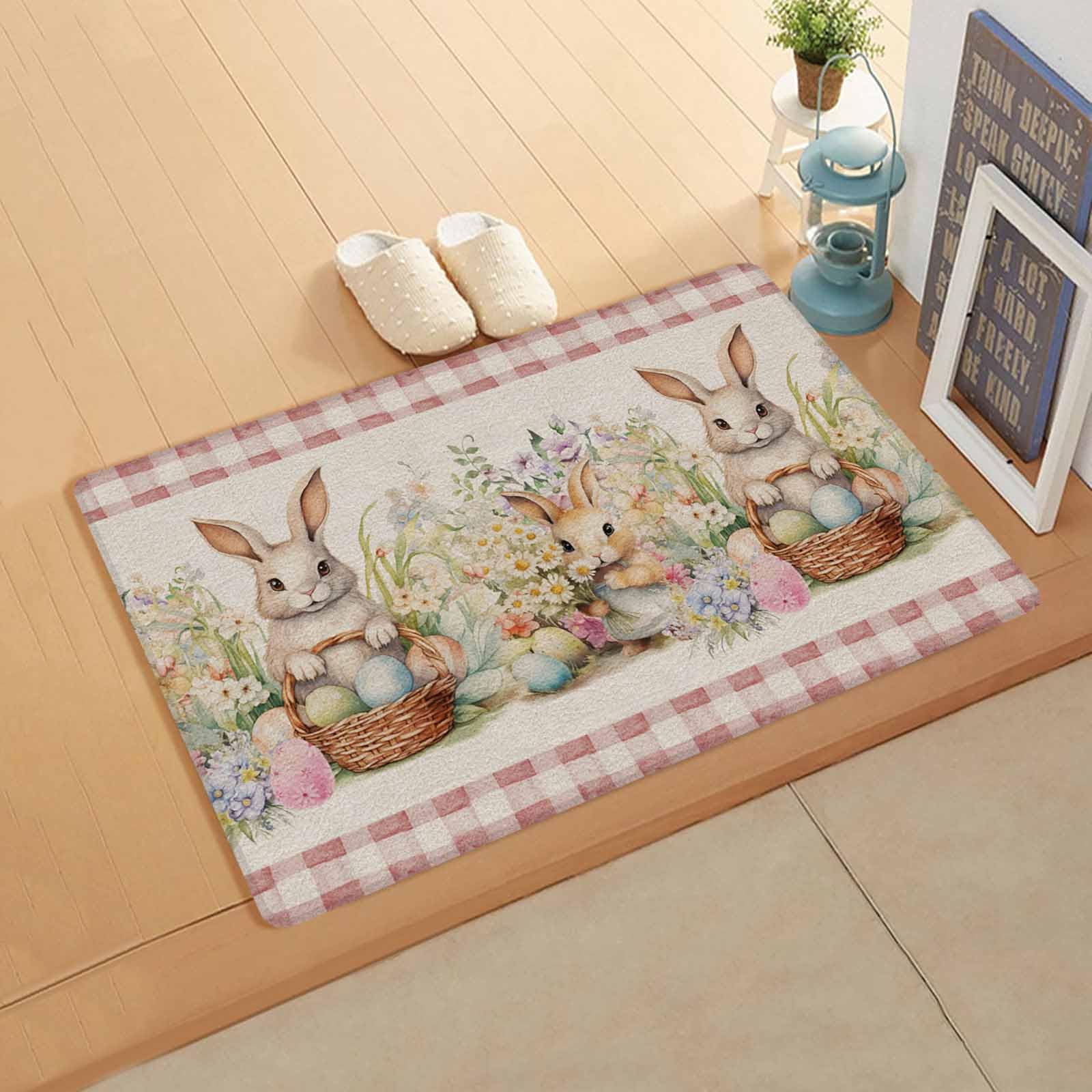 Easter Bunny Plaid Kitchen Bath Door Mat Cushioned Runner Rug,Washable Welcome Floor Sink Antifatigue Mat,Waterproof & Non-Slip Comfort Standing Doormat,Spring Garden Flower Eggs Herbs Pink 24
