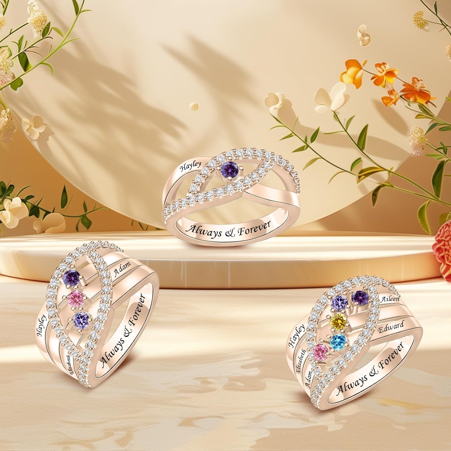 Personalized 1-6 Birthstone Rings for Women Personalized Promise Ring for Her Sterling Silver Engraved Name Ring Custom Family Rings Jewelry Gift for Mom Wife Grandma Daughter - Image 5