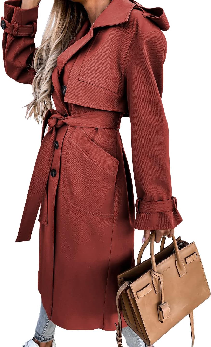 Fisoew Women's Double Breasted Long Trench Coat Windproof Classic Lapel Belted Overcoat with Pockets - Image 3