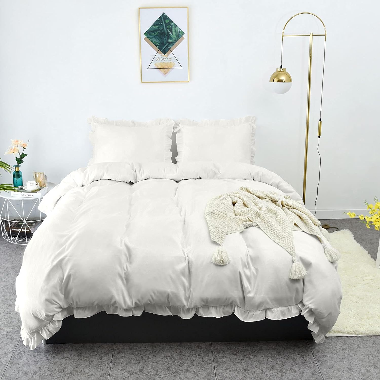 LHKIS Duvet Cover Queen, White Farmhouse Duvet Cover Set, Soft Microfiber Comforter Cover Hotel Ruffle Bedding Duvet Cover 3 Pieces
