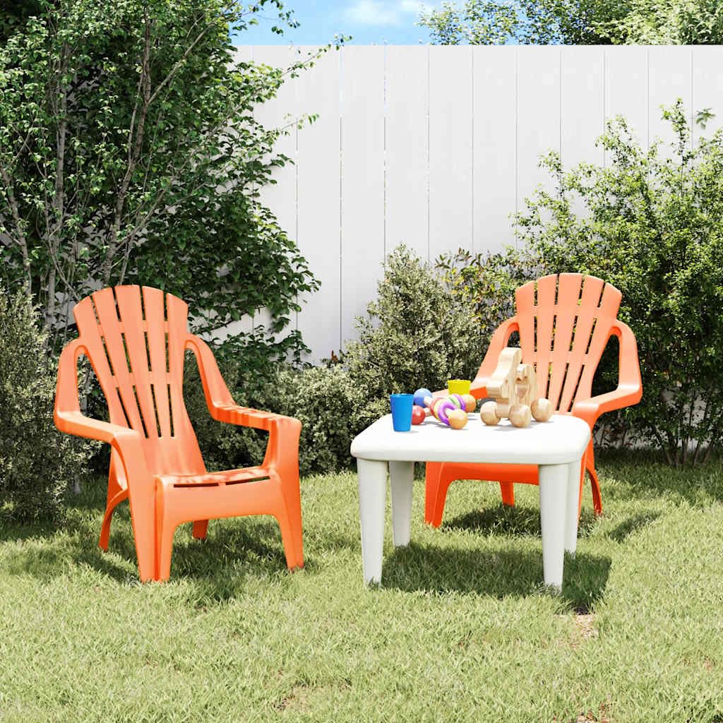 Kinder-Gartenstühle 2 STK Orange aus Polypropylen mit Holzoptik 37x34x44 cm, wetterfest mit Rückenlehne und Armlehne für Balkon Terrasse Outdoor zum Relaxen und Spielen