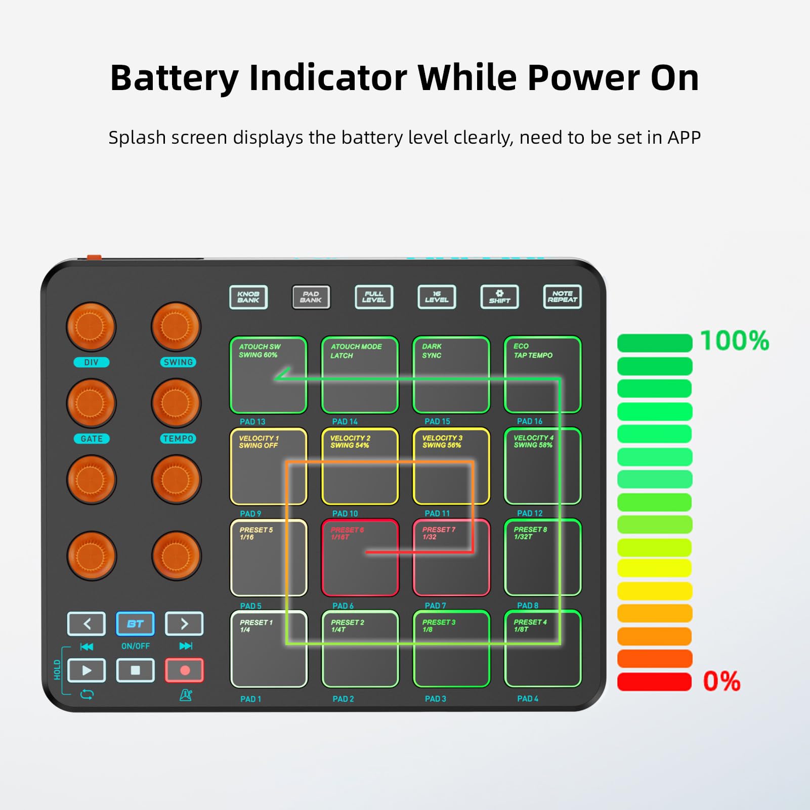 Controlador MIDI, 16 Pads RGB 8 Perillas 6 Botones Personalizables Batería Inalámbrica Recargable de 2000mAh, con Conexión USB MIDI para Profesionales Principiantes en (Negra)
