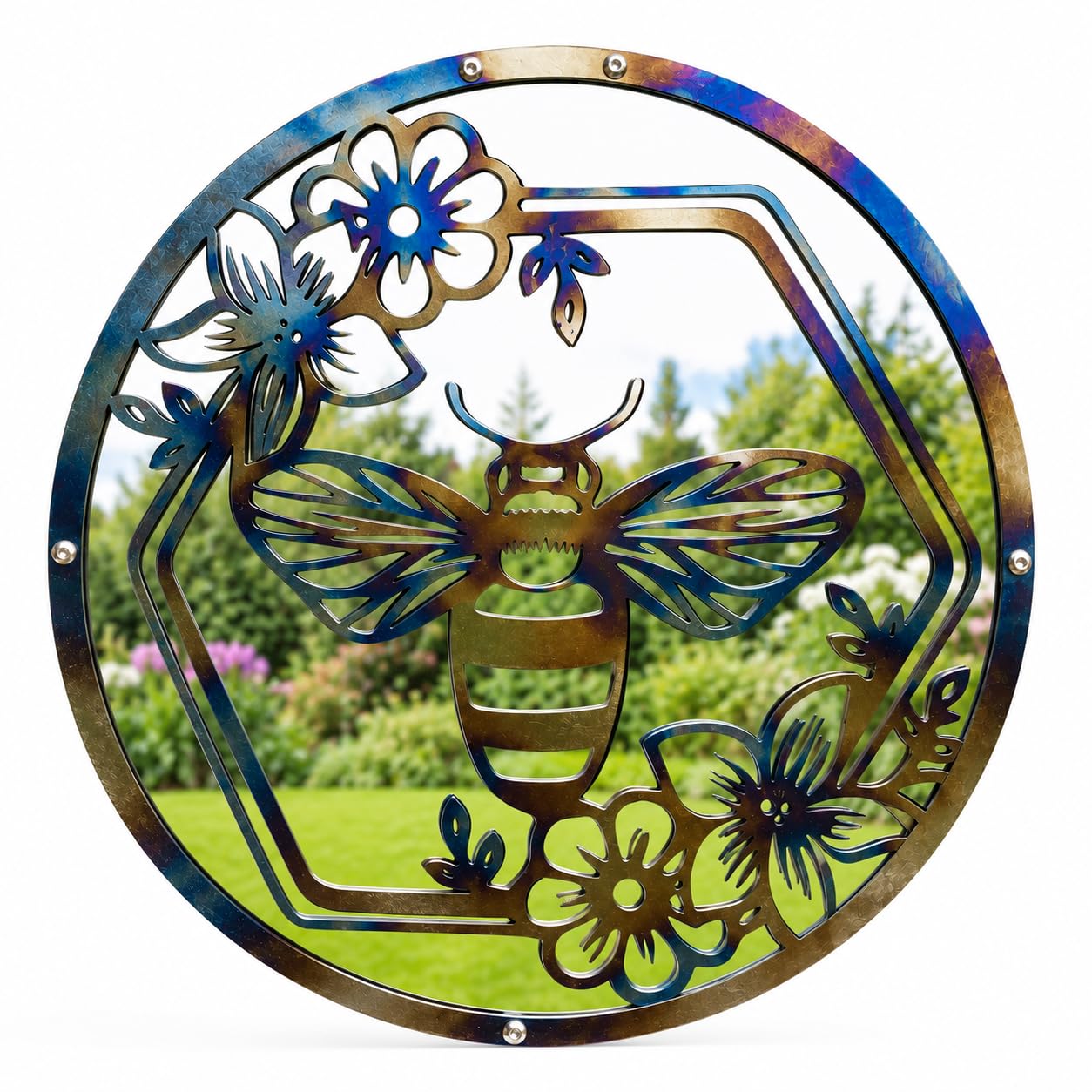 Garden Mirror Art, Metal Plaque For Outdoors, Bee Nature Sun Catcher (50cm Diameter)