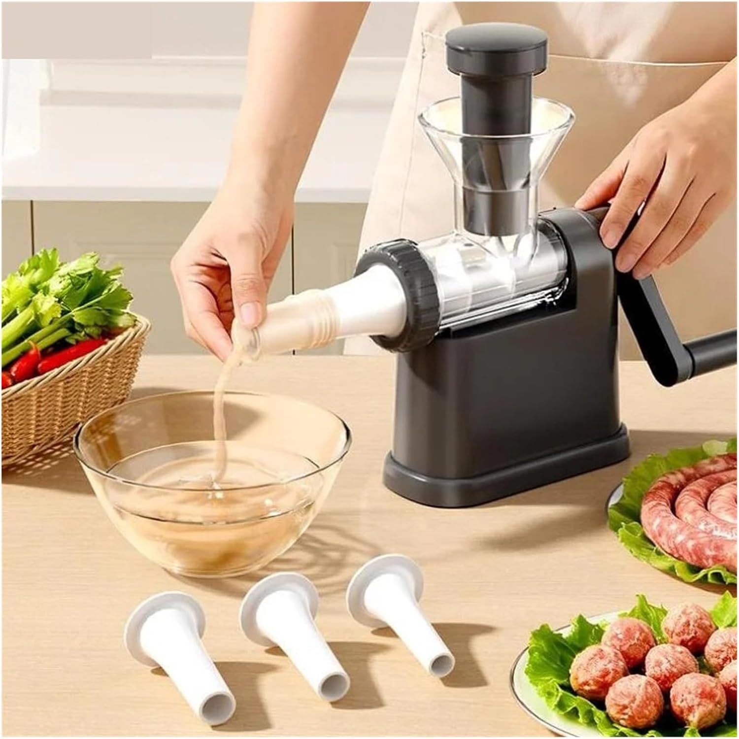 Manual Meat Grinder & Sausage Stuffer - Multifunctional Hand Crank Mincer For Homemade Sausages & Meatballs(White)