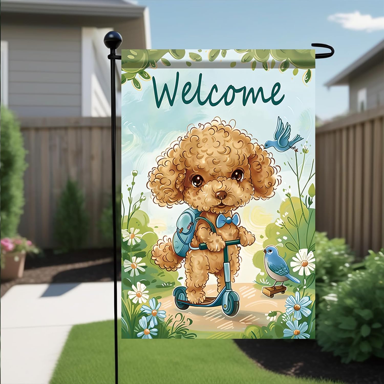 Welcome Spring Summer Garden Flag Cute Poodle Dog Garden Flag 12x18 Double Sided Decorative Spring Scooter Poodle Flowers Birds Farmhouse Yard Lawn Outdoor Decor - Image 4