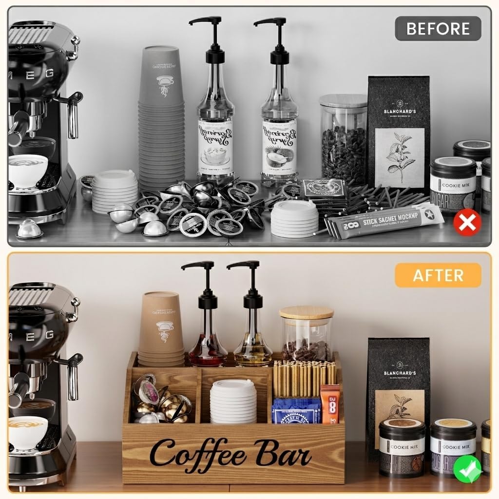 Coffee Station Organizer for Countertop – Wooden Coffee Bar Organizer with Adjustable Dividers,Holds K Cup Pod & syrup bottles, for Kitchen, Office, or Bar and Tea Station, Brown