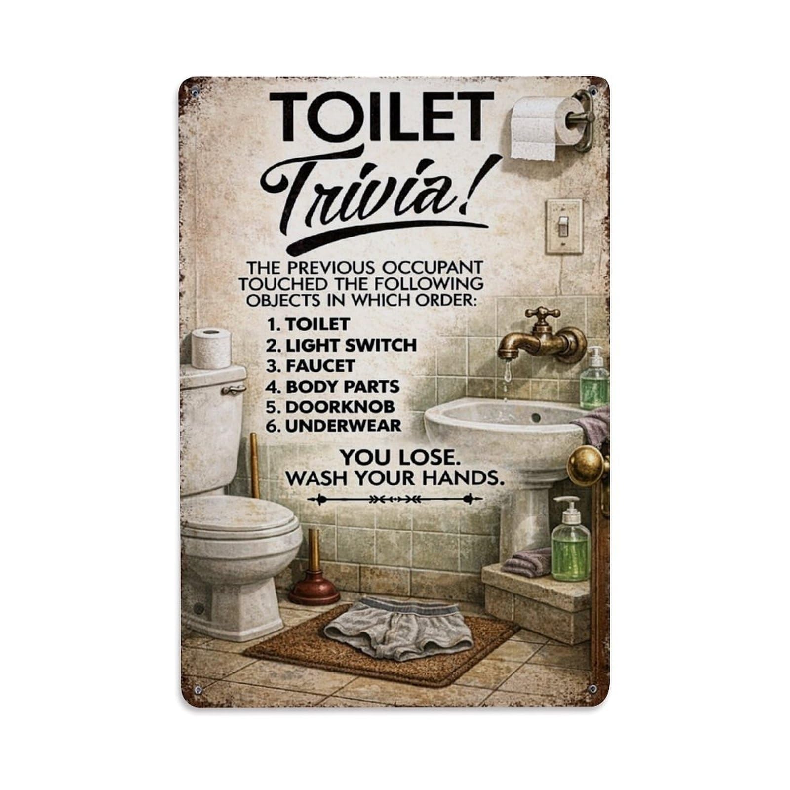 Jdfenggu Vintage Toilet Trivia Bathroom Humor Sign Retro Metal Tin Sign, Metal Poster For Bar, Home, Man Cave, Kitchen, Laundry Room Art Decor 8X12 Inch