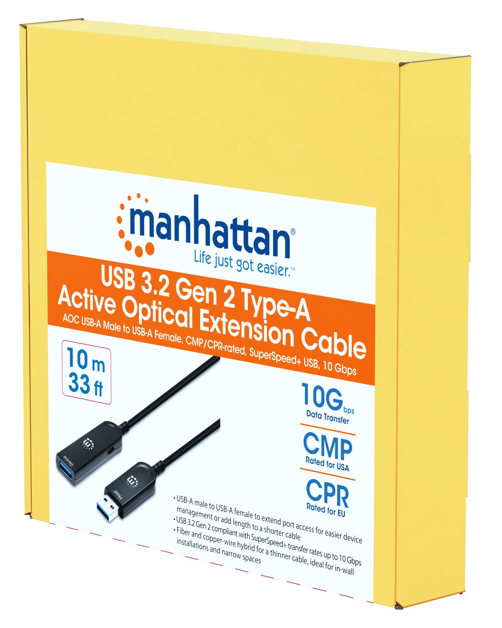 Manhattan 356497 Cable Óptico Activo USB 3.2 Gen 2 SuperSpeed+ AOC USB A M/F 10 m Negro
