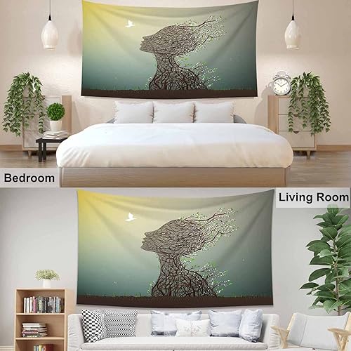 Miniatura 4 de Pznen Tapiz abstracto de retrato de mujer de 80 x 60 pulgadas, silueta de mujer, paloma, primavera, flores blancas, paloma, vibrante brote de árbol,