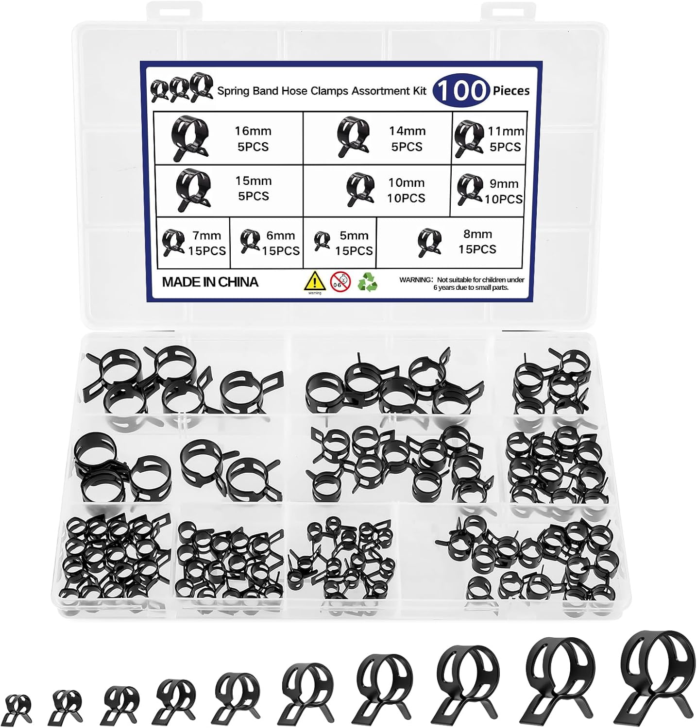 152Pcs 6-25mm Spring Band Hose Clamps Assortment Kit With Hose Clamp Pliers, 16 Sizes Automotive Fuel Hose Clamp, Constant Tension Clamps for Fuel Line Vacuum Hose Silicone Hose Low-Pressure Air Clips