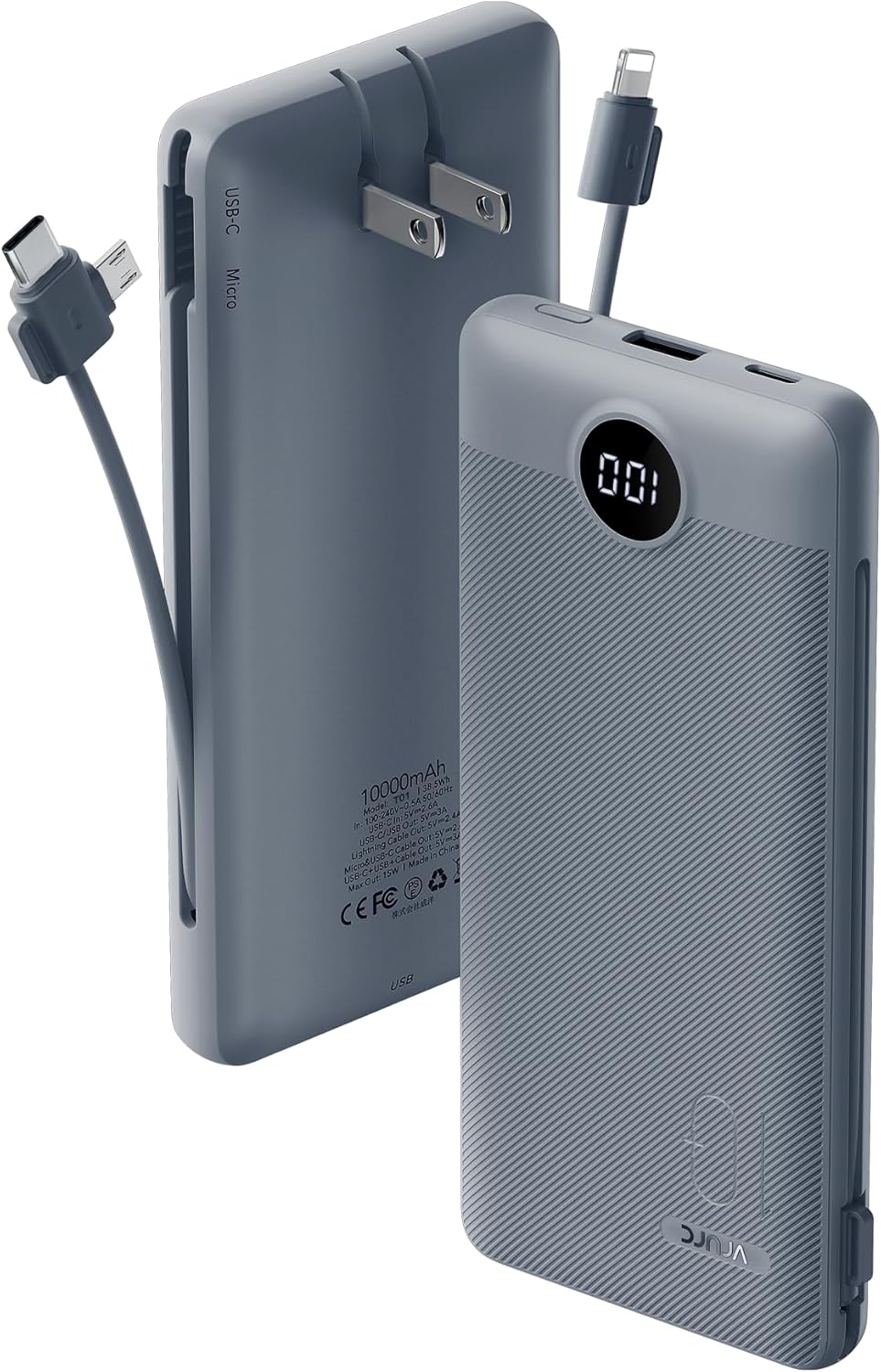 VRURC Portable Charger Built-in Cables and AC Wall Plug, USB C Power Bank 10000mAh, Travel Battery Portable Phone Charger Compact Lightweight External Battery Pack for Smart Phones, Tablets etc-Grey VRURC Portable Charger Built-in Cables and AC Wall Plug, USB C Power Bank 10000mAh, Travel Battery Portable Phone Charger Compact Lightweight External Battery Pack for Smart Phones, Tablets etc-Grey