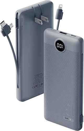 VRURC Cargador portátil con cables integrados y enchufe de pared de CA, cargador de batería USB C de 10000 mAh, batería de viaje, cargador de
