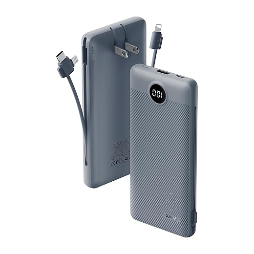 VRURC Portable Charger Built-in Cables and AC Wall Plug, USB C Power Bank 10000mAh, Travel Battery Portable Phone Charger Compact Lightweight External Battery Pack for Smart Phones, Tablets etc-Grey