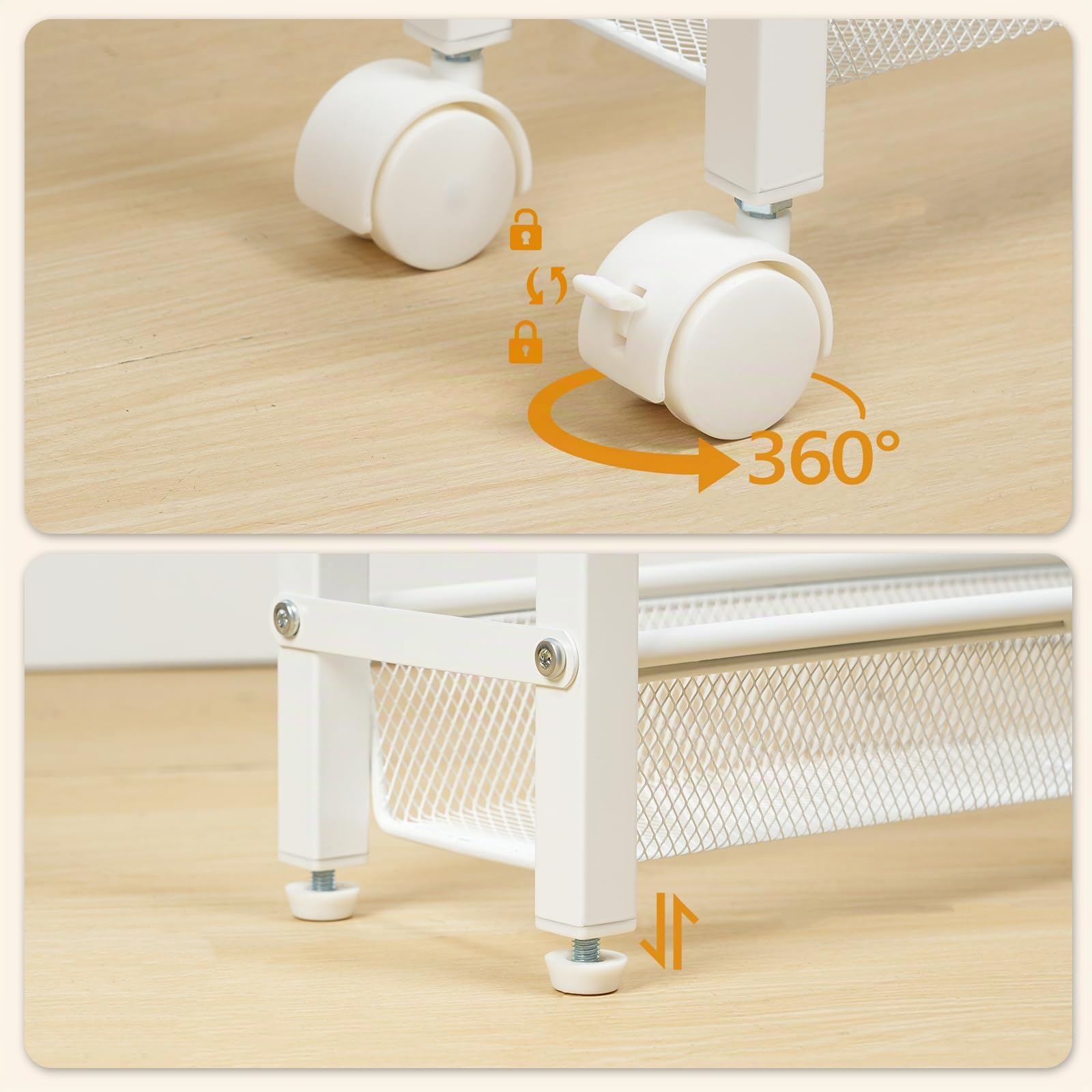HOOBRO Carro de Servicio de 4 Niveles con Ruedas y Patas Ajustables, Carrito con Ruedas y Paneles Laterales, Carro de Cocina, Carrito de Bar, para Cocina, Salón, Blanco y Madera Natural EWN71TC01