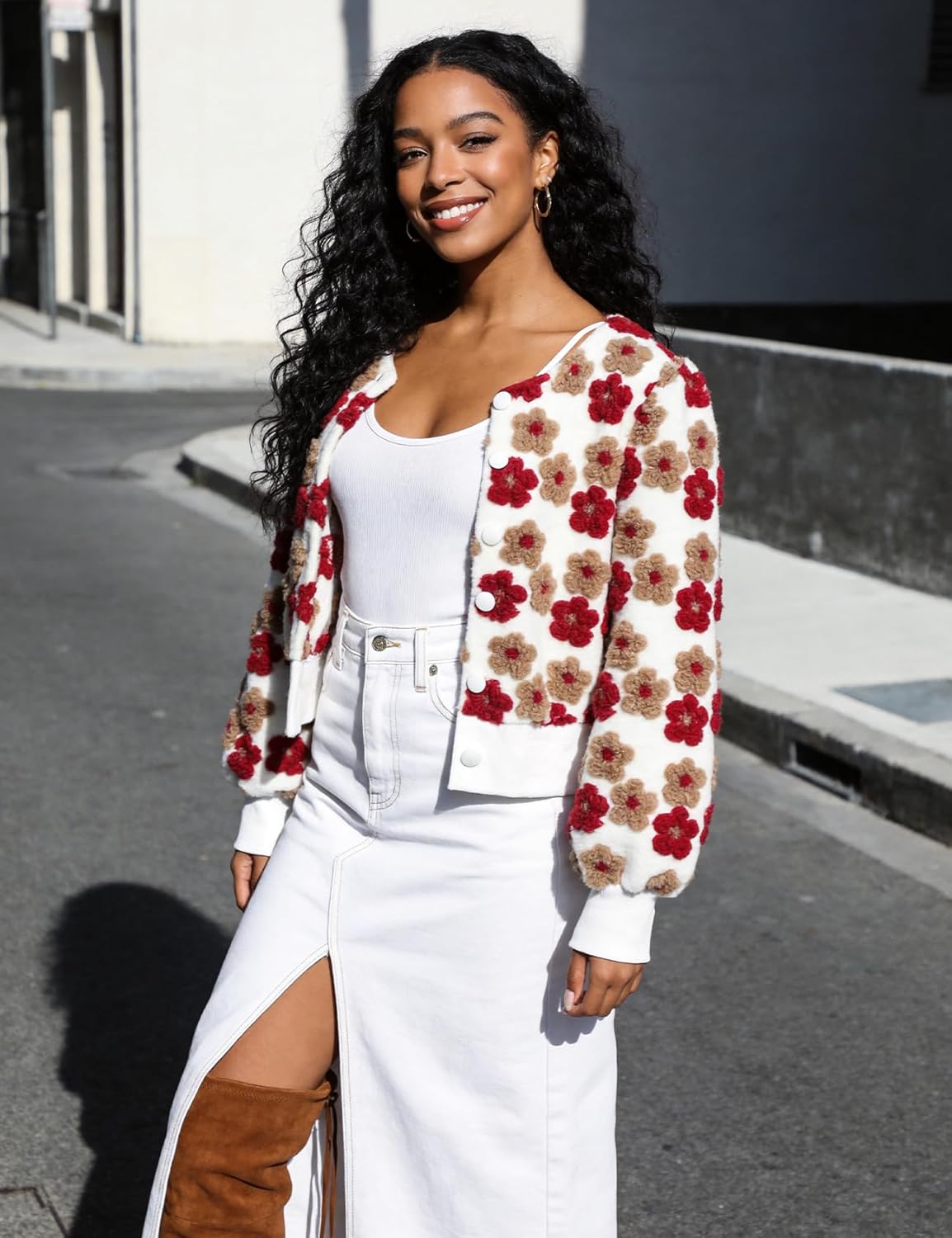 Flygo Women's Cropped Floral Print Bomber Jacket Warm Fleece Varsity Jacket Casual Button Down Puff Sleeve Coat Outerwear - Image 5