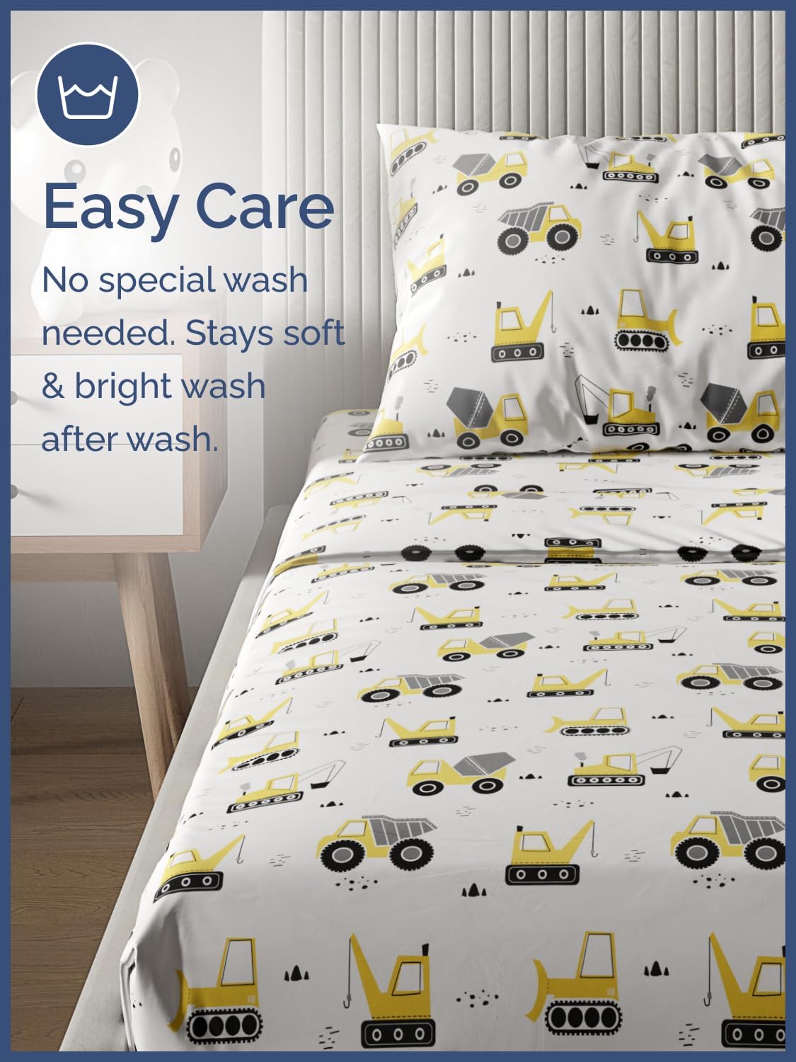 Kids Queen Size Construction Bed Sheets - 4 Piece Car Microfiber Sheet Set - Excavator Themed Bedding - Soft, Cute, Breathable, Machine Washable - Transport Bed Set for Boys, Girls, Teens and Toddlers