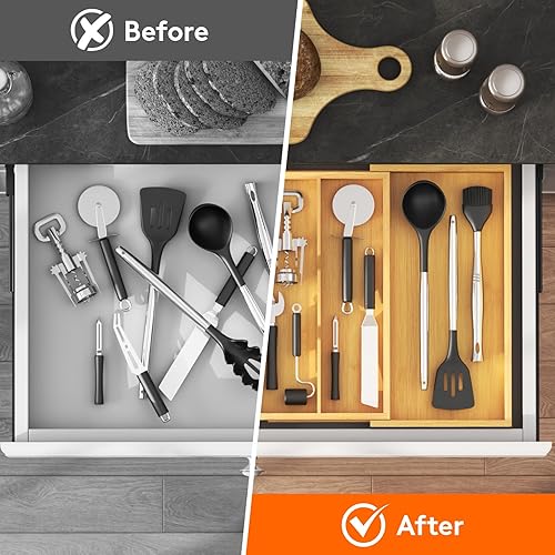 Miniatura 8 de Lifewit Organizador de cajones de utensilios, bandeja de cubiertos de cocina prescindible para cajón de cocina, soporte ajustable de bambú para