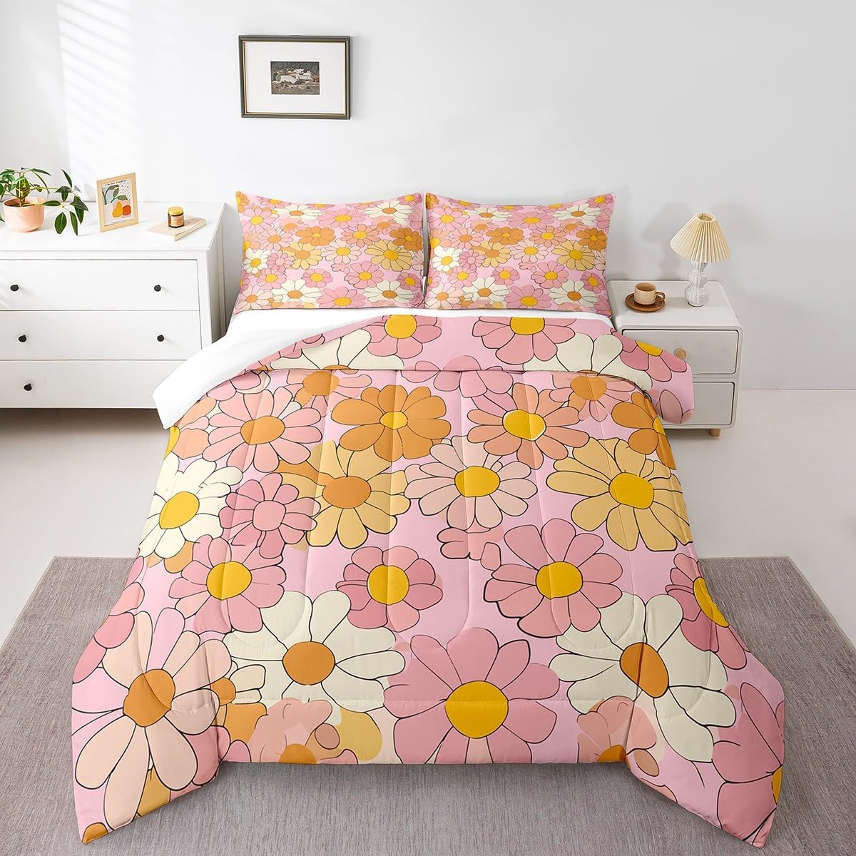 60s 70s Groovy Flower Comforter Set Full,Hippie Funky Flower Quilt for Kids Boys Girls,Rainbow Vintage Floral Bedding Set,Bohemia Cartoon Botanical Florals Down Comforter with 2 Pillowcases