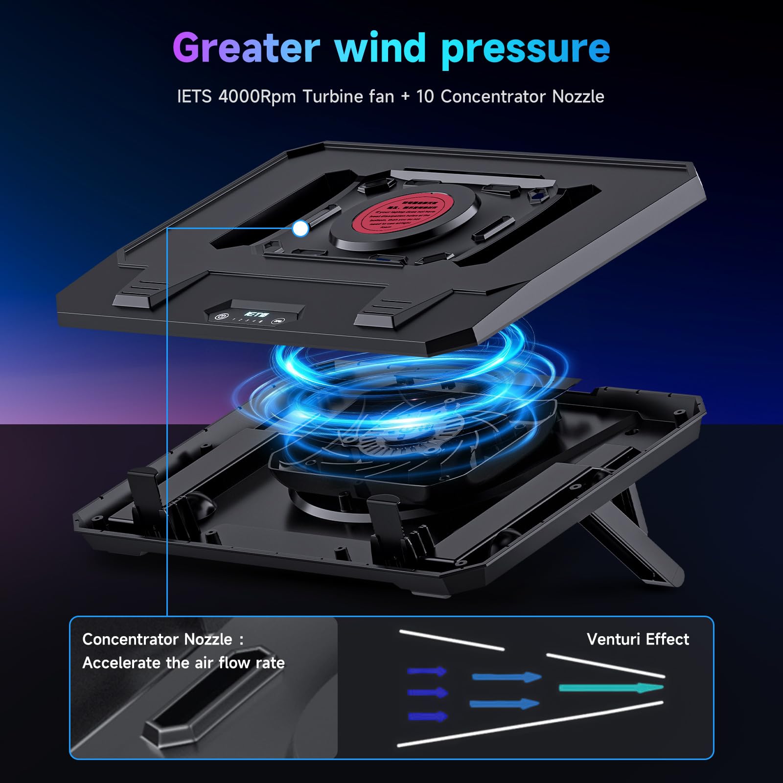 IETS GT300 Laptop-Kühlpad mit verstellbarem Ständer, Turbo-Kühler für schnelle Kühlung, 25,4–43,2 cm (10–17 Zoll) Gaming-Laptop, Flexibler Dichtungsring, mit Verstellbarer Luftfilterklemme