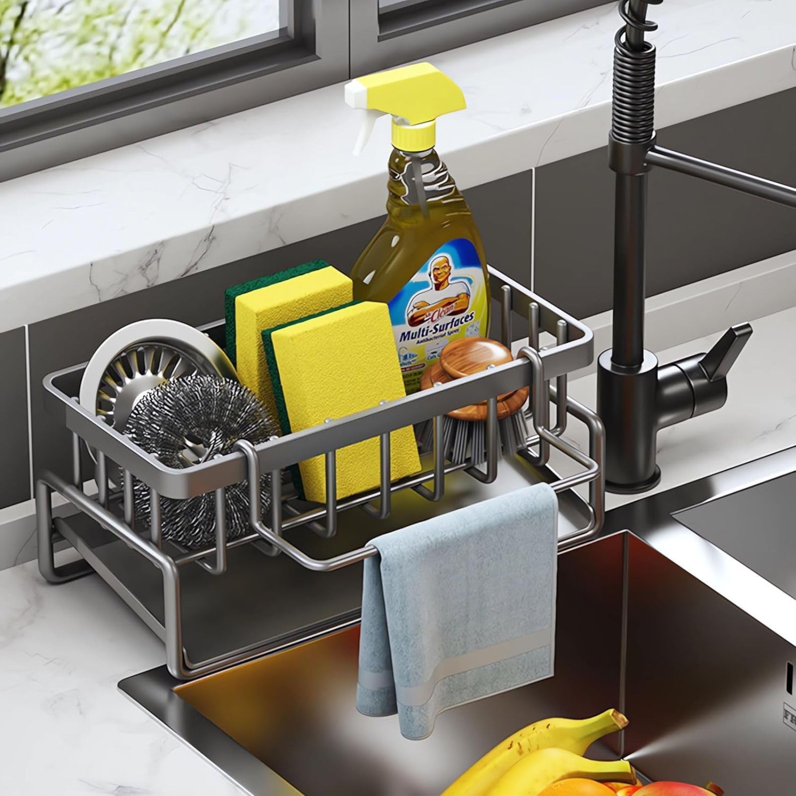 Metal Sponge Holder for Kitchen Sink – Auto-Draining Caddy with Soap Tray, Dish Brush & Towel Bar | Large Capacity Rust-Resistant Black Sink Organizer Rack (Black)-image-16
