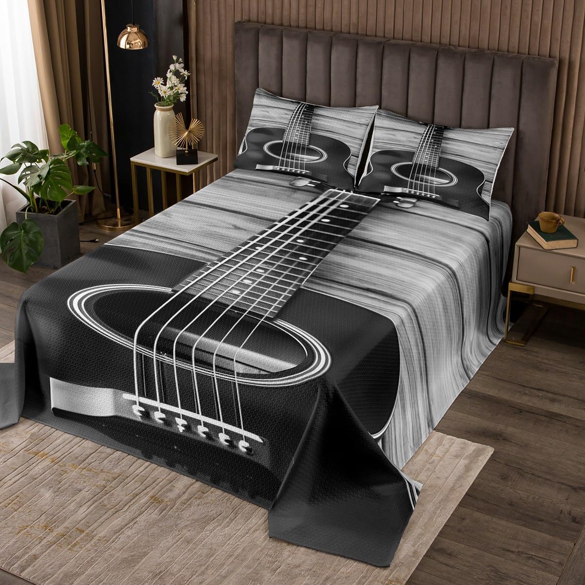 Erosebridal Guitar Bedding Set Music Bedspread, Vintage Guitar on Wooden Floor Design Quilt for Kids Adult, Bedroom Decor (1 Bedspread and 2 Pillowcases) King, Soft Bedclothes, Black Grey-image-20