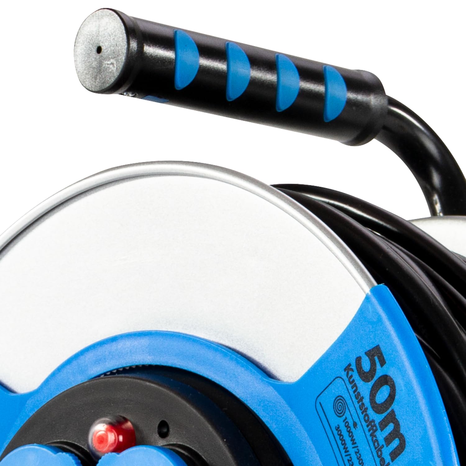 REV Enrouleur de câble EX, 50 m, H05VV, IP44, 3000 W, avec Contact abrasif, extérieur, 4 Prises de Contact de Protection, Bleu