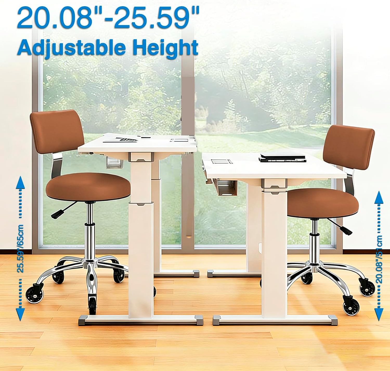 Rolling Stool Chair with Wheels, Office Drafting Chair with Back Support, Height Adjustable Standing Desk Stool with PU Leather Cushion for Home Office Kitchen Vanity Spa Garage Tattoo Dentist(Camel) - Image 2