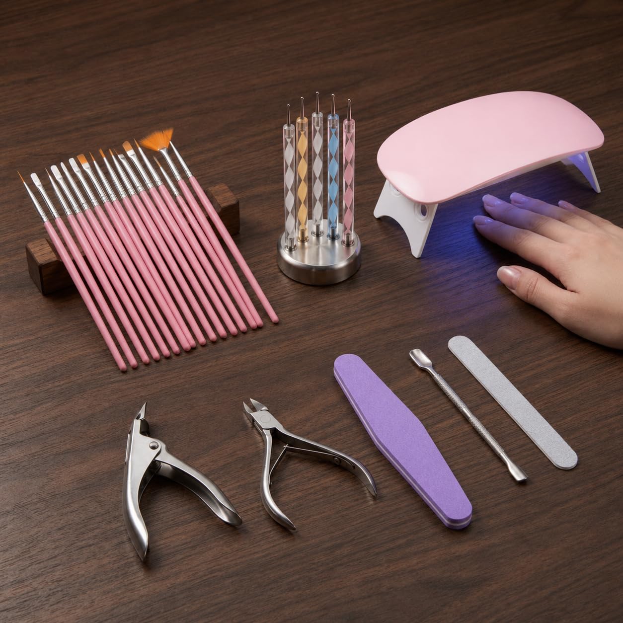 Professional Nail Art Tool Kit with UV LED Lamp | 15 Nail Art Brushes | 5 Dotting & Marbling Tools | Cuticle Nipper | Tip Cutter | Buffer & Nail File | Complete Manicure & Nail Extension Set for Women-image-20