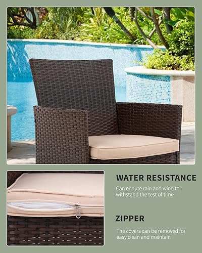 Miniatura 2 de Juego de 3 sillas de mimbre para patio, muebles de mimbre para exteriores, juego de bistró para patio trasero, porche, piscina, césped (marrón)