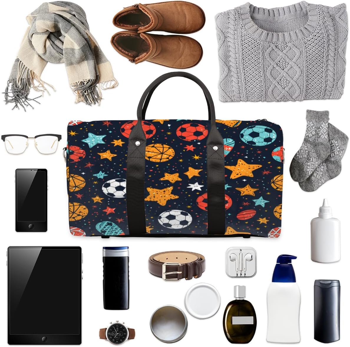 Star Cartoon Football Rugby Travel Duffel Bag for Women Men Large Capacity Overnight Weekender Bags for Lightweight Waterproof Sport Gym Bag for Workout Yoga Swim