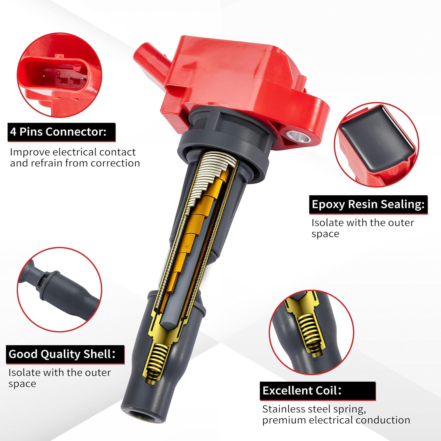 CarBole 4 Pack Ignition Coil UF764 & Spark Plugs 93175, Compatible with Genesis G70 G80 G90, Hyundai Sonata Santa Fe Sport Tucson, Kia Optima Sorento Replacement GN10730 C988 E1264 IC871