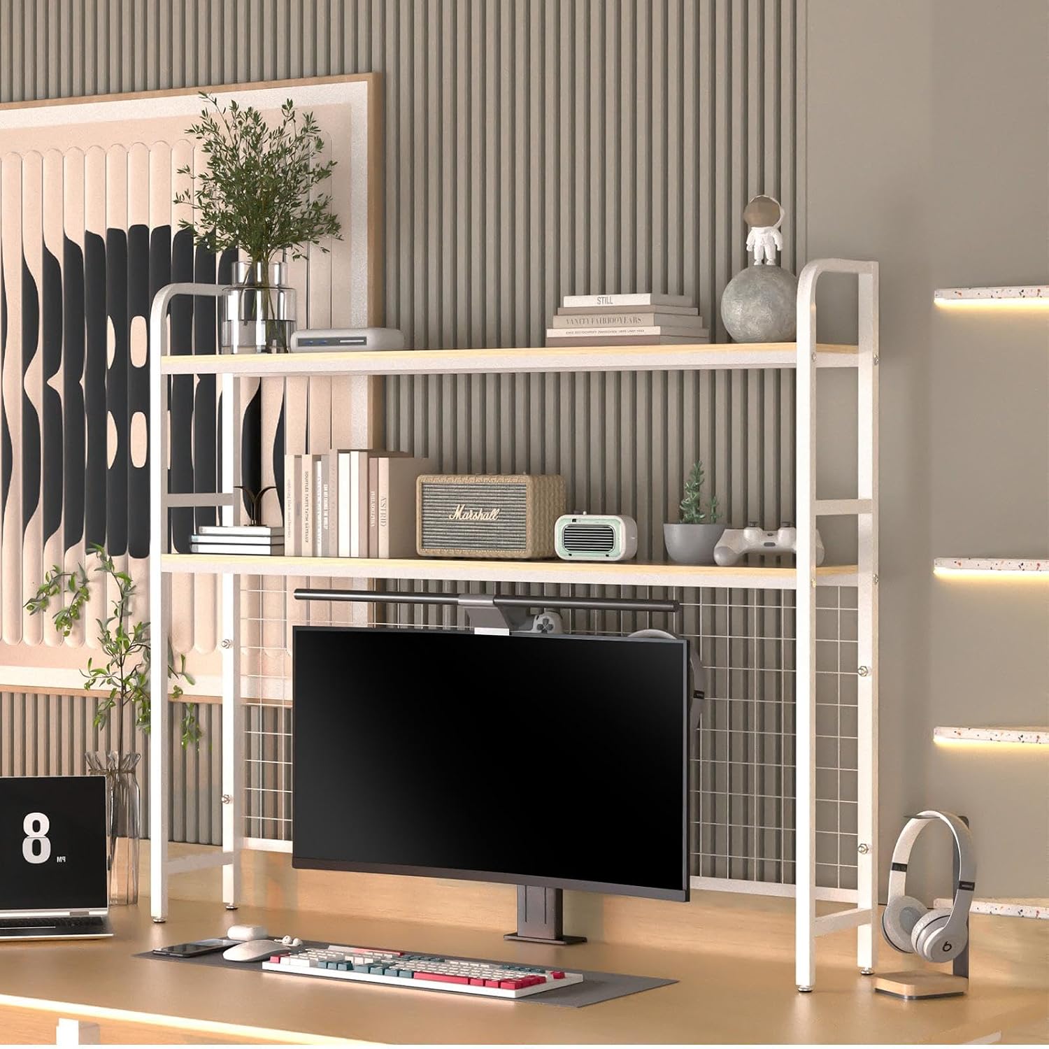 FAHKNS Desktop Bookshelf - 2-Tier Desk Book Organizer,Multifunctional Metal Desktop Bookshelf with 3 Hooks & DIY Storage Mesh for Office/Game Room/Study/Powder Room - White