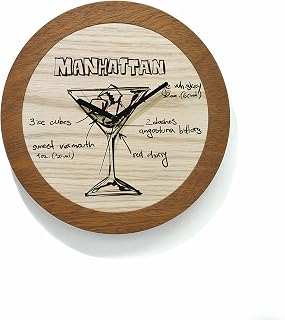 Wooden Round Clock - Laser Engraved - Simple Solid Wood Clock - Bar Decor - Customized Cocktail - Barman Gift Idea - Bartender - Manhattan