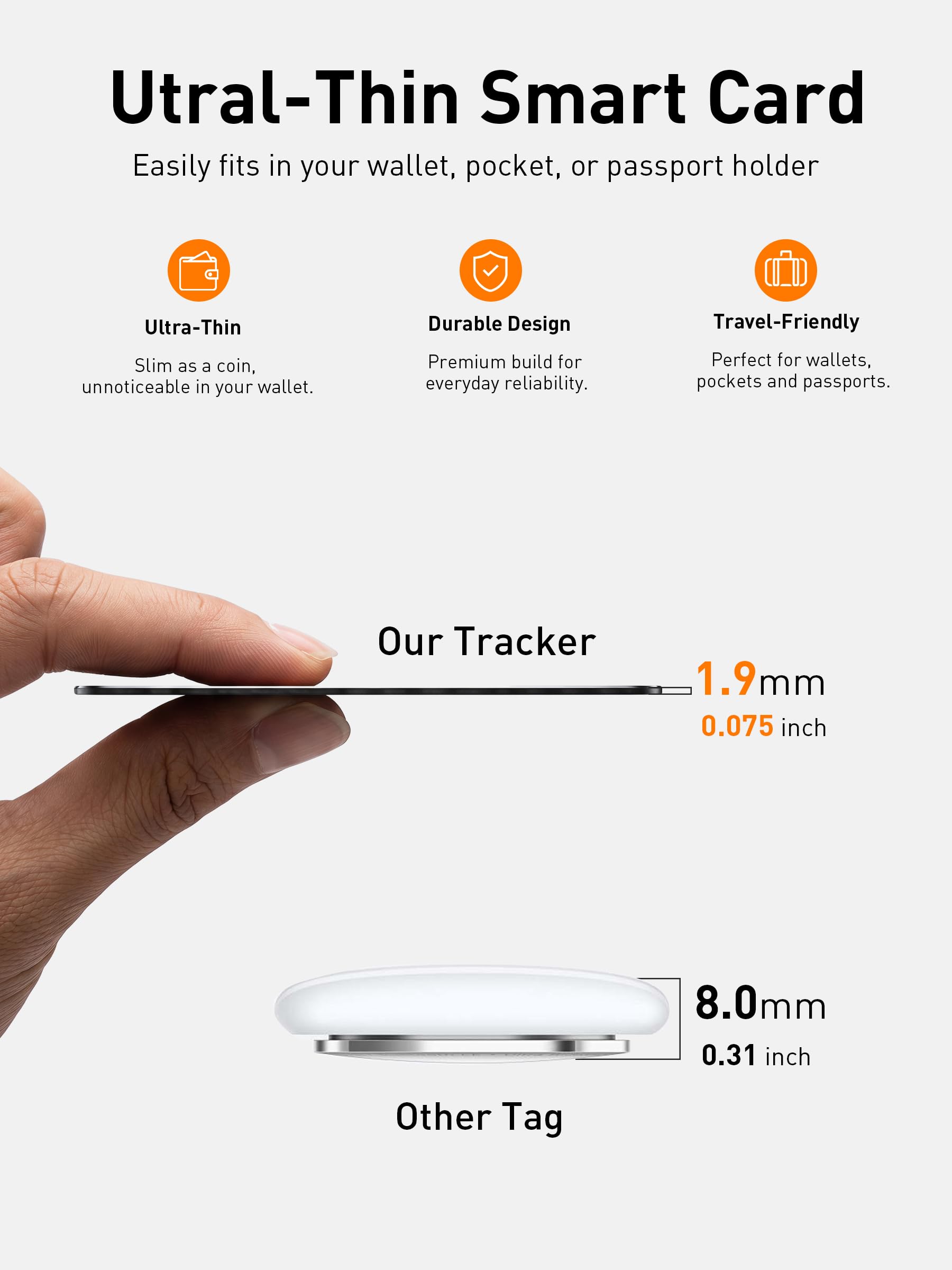 Carta di monitoraggio del portafoglio certificata MFi, ricerca oggetti ricaricabile per portafogli, passaporto, bagagli, compatibile con Apple Find My e Google Find Hub, localizzatore di