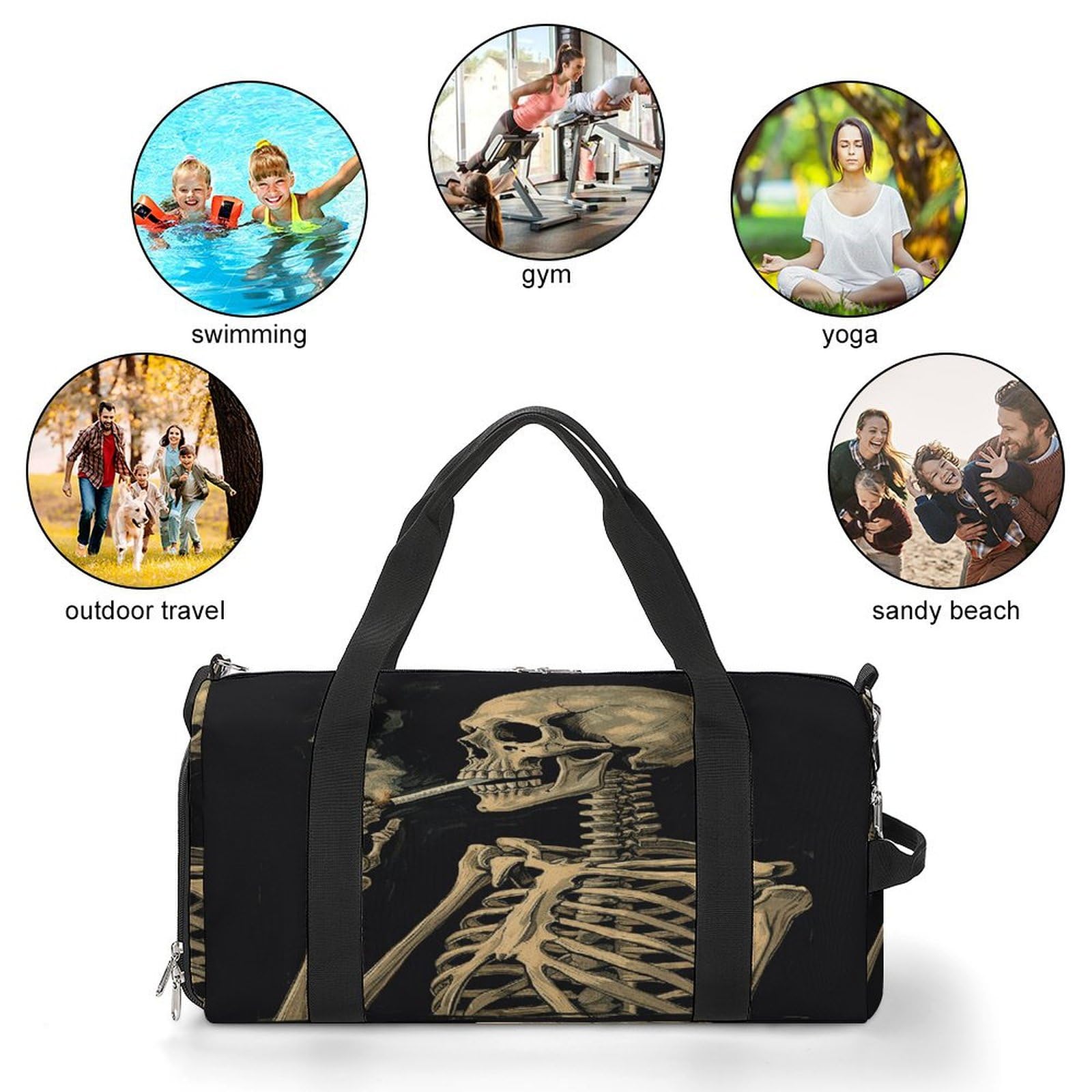 Fitness-Tasche, ein Skelett mit brennender Zigarette, Sporttasche, Reise-Fitness-Tasche, Essentials-Turnbeutel, Turnbeutel mit Schuhfach, Stil, Stil, Einheitsgröße, modern, Stil:,