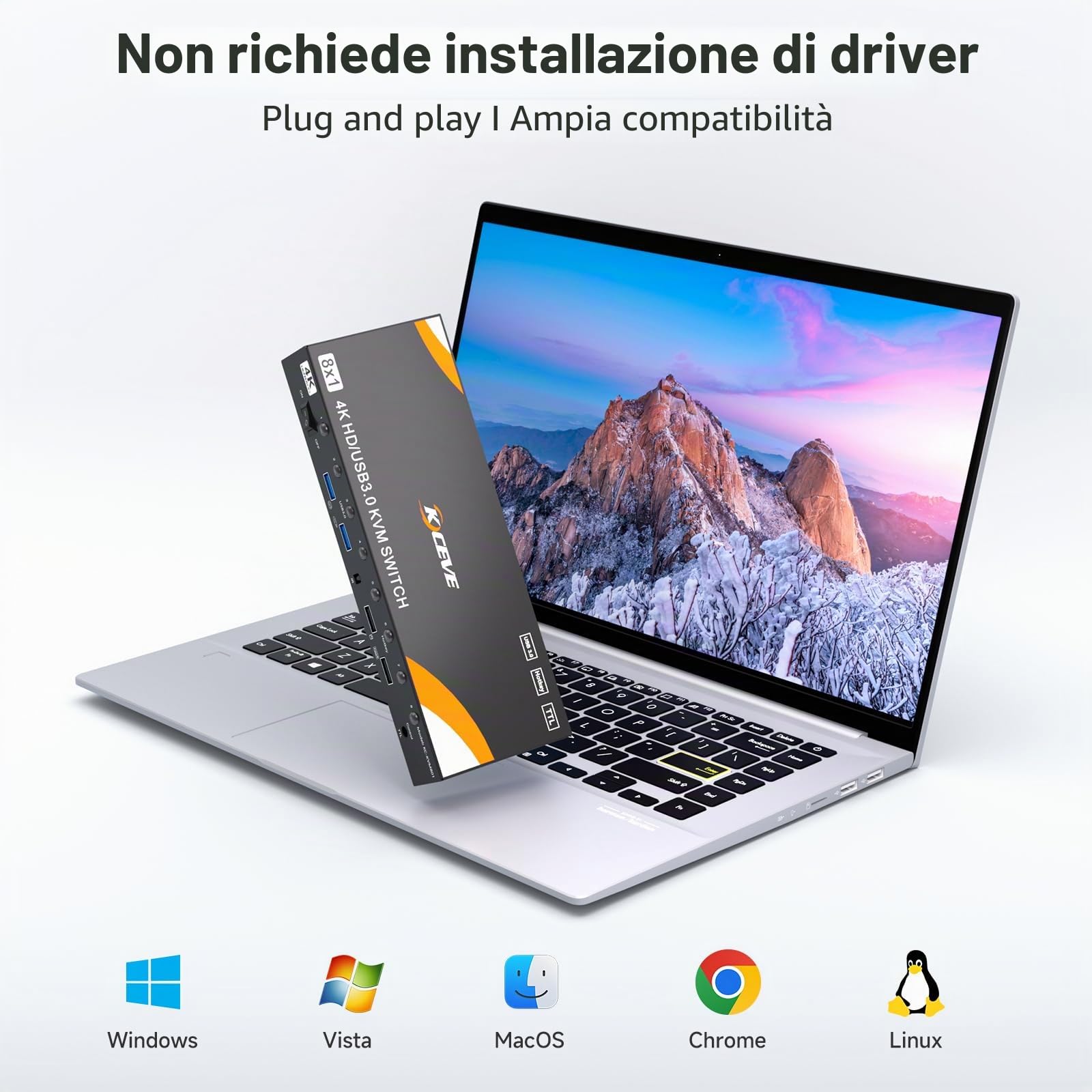 Switch KVM HDMI 8 Computer e 1 Monitor, Commutatore KVM USB 3.0 con supporto 4K@60Hz per 8 PC con tastiera e mouse comuni, compatibile con Windows/Linux/Mac ecc