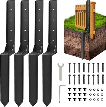 Fence Post Repair Kit, Thickened Heavy Duty Fence Post Anchor Stakes for Repair Tilted, Broken Wood Posts Support Black, 4 Pack