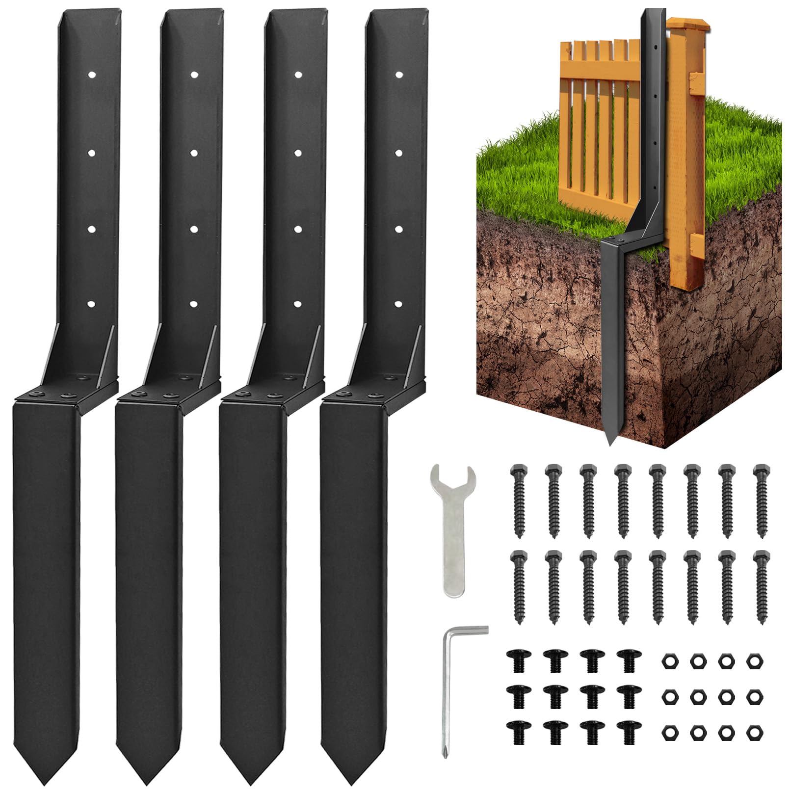 Photo 1 of Fence Post Repair Kit, Thickened Heavy Duty Fence Post Anchor Stakes for Repair Tilted, Broken Wood Posts Support (Black, 4 Pack)