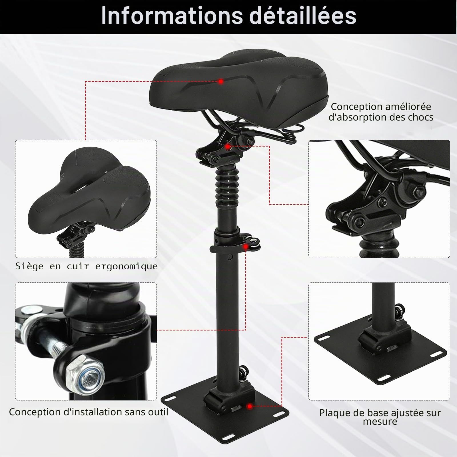 Siège Pliable réglable en Hauteur pour Trottinette électrique, Compatible Segway Ninebot F3 E3 E3Pro, Hauteur d’Assise 45–65 cm, siège amortissant avec Sangle de Transport et Bandes réfléchissantes