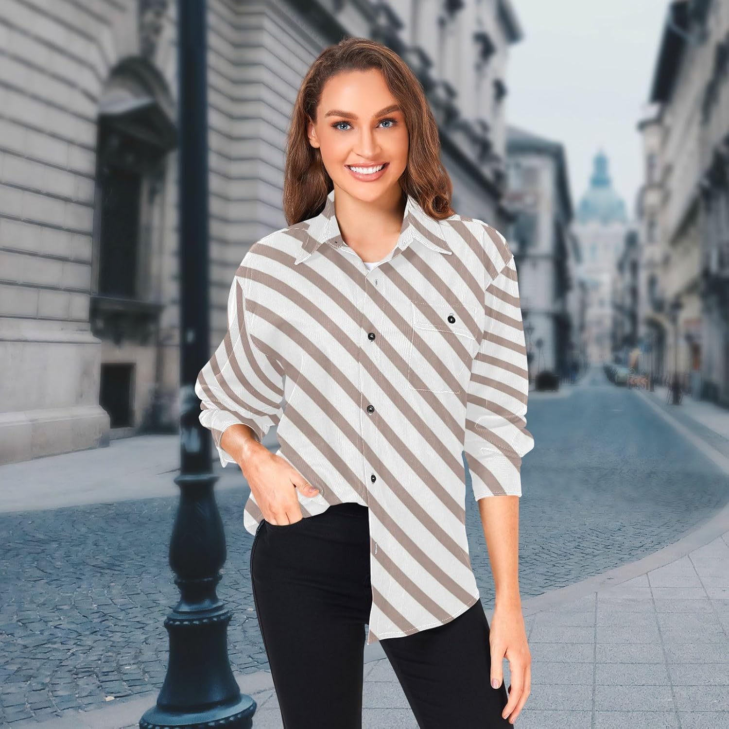 Brown Stripes Woolen Cord Fabric Mens Rugby Shirts Long Sleeve for Women Regular with Pockets