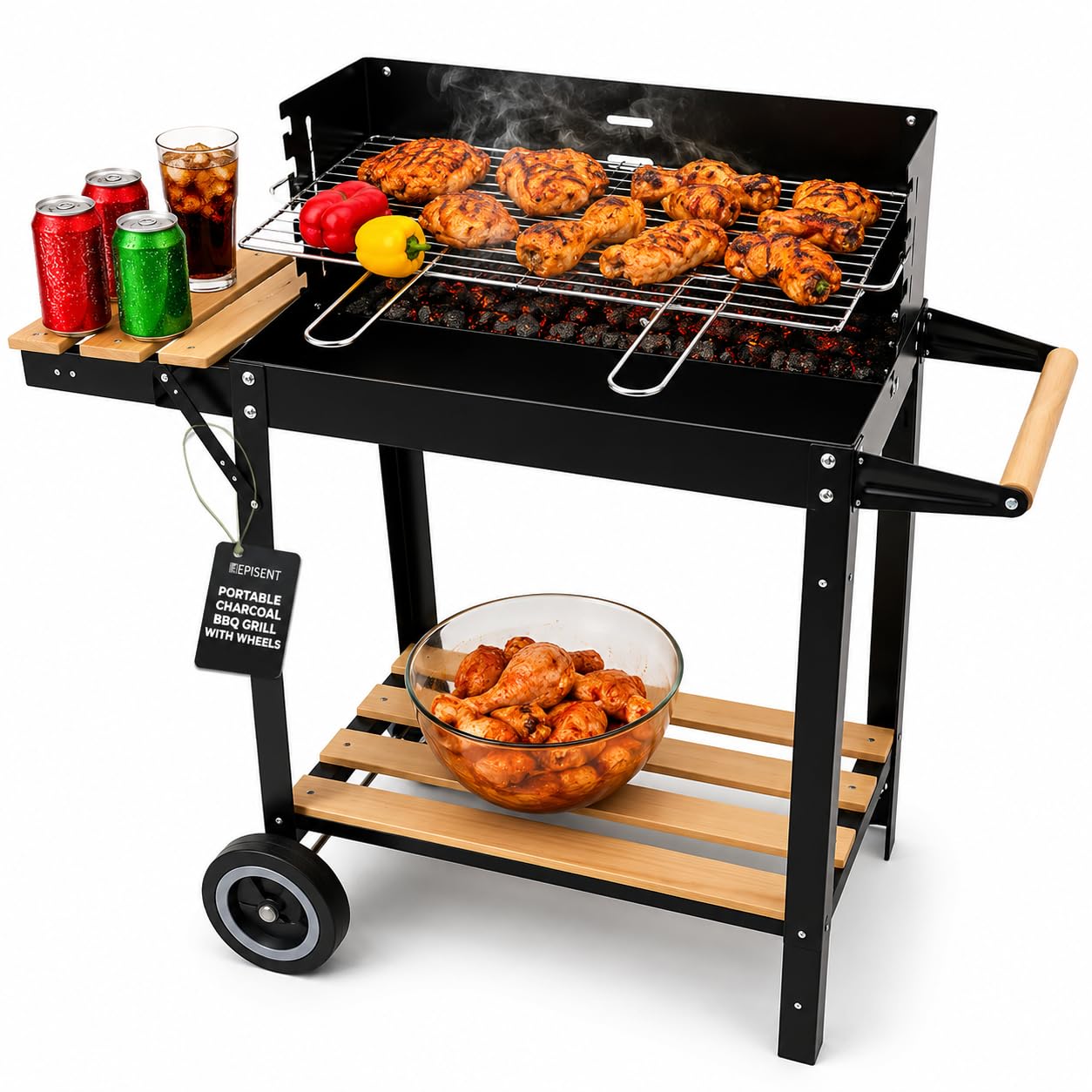 EPISENT Charcoal BBQ Grill Trolley – Portable Barbecue with Wheels, Adjustable 5-Level Grill Rack, Side Shelf & Storage – Outdoor Garden Cooking for Parties, Camping, Patio & Balcony Use
