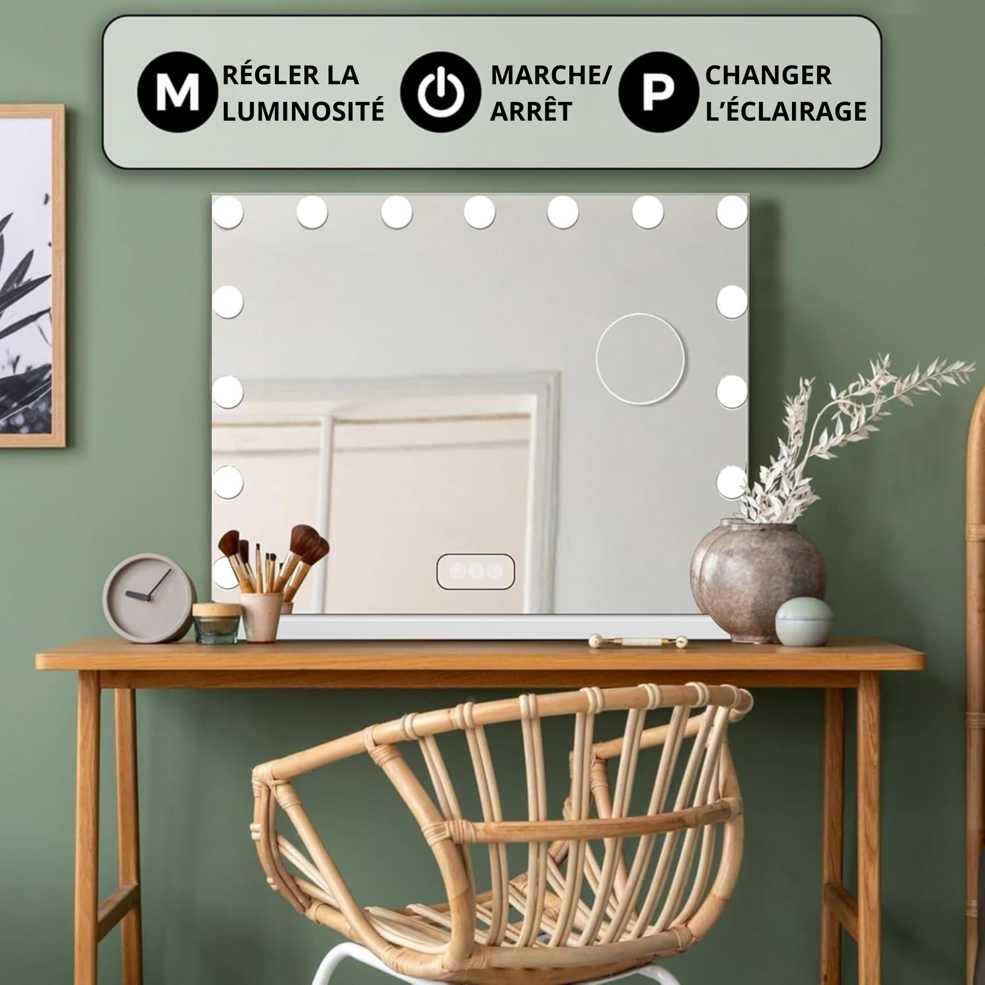 Bayt Miroir Hollywood Lumineux Grande Taille | 58x46 CM Miroir Coiffeuse Éclairage LED 3 Couleurs avec Commande Tactile Dimmable | Grand Miroir Maquillage pour Chambre, Blanc