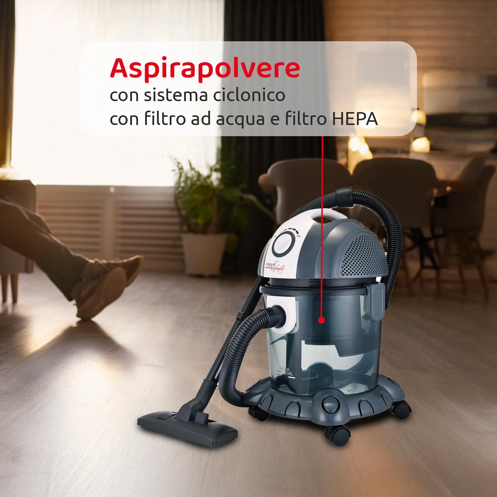 Melchioni Family | Bidone Aspiratutto MR BIN G, Aspira Liquidi e Solidi, Filtro ad Acqua, Aspirapolvere con Bidone Potenza 1200W, Funzione Soffio, Capacità Serbatoio 15 L Polvere e 10 L Liquidi