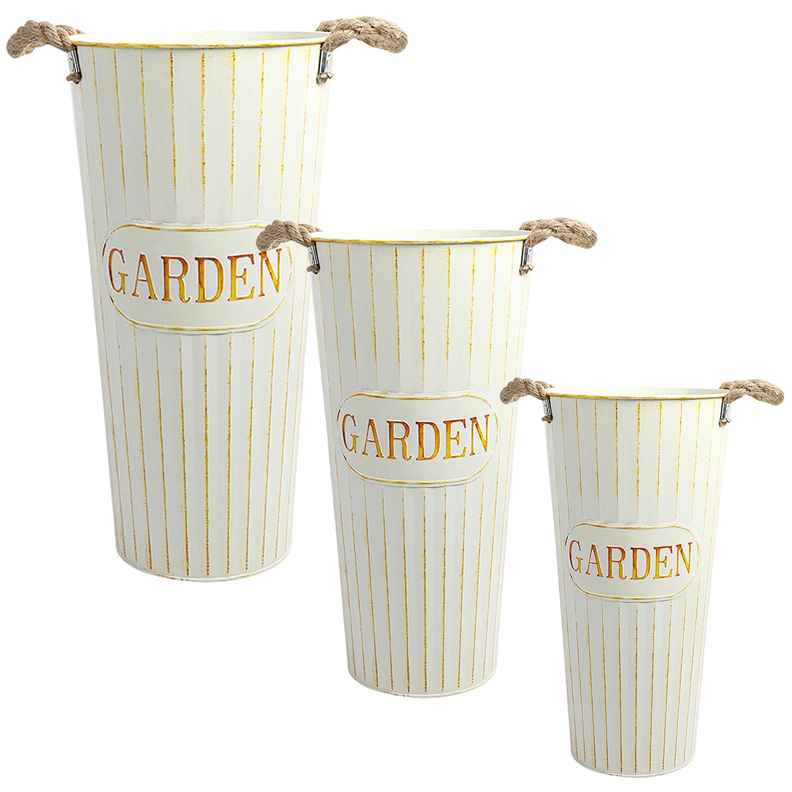 Jarrones de metal con mango de yute en tres alturas ideales para flores secas