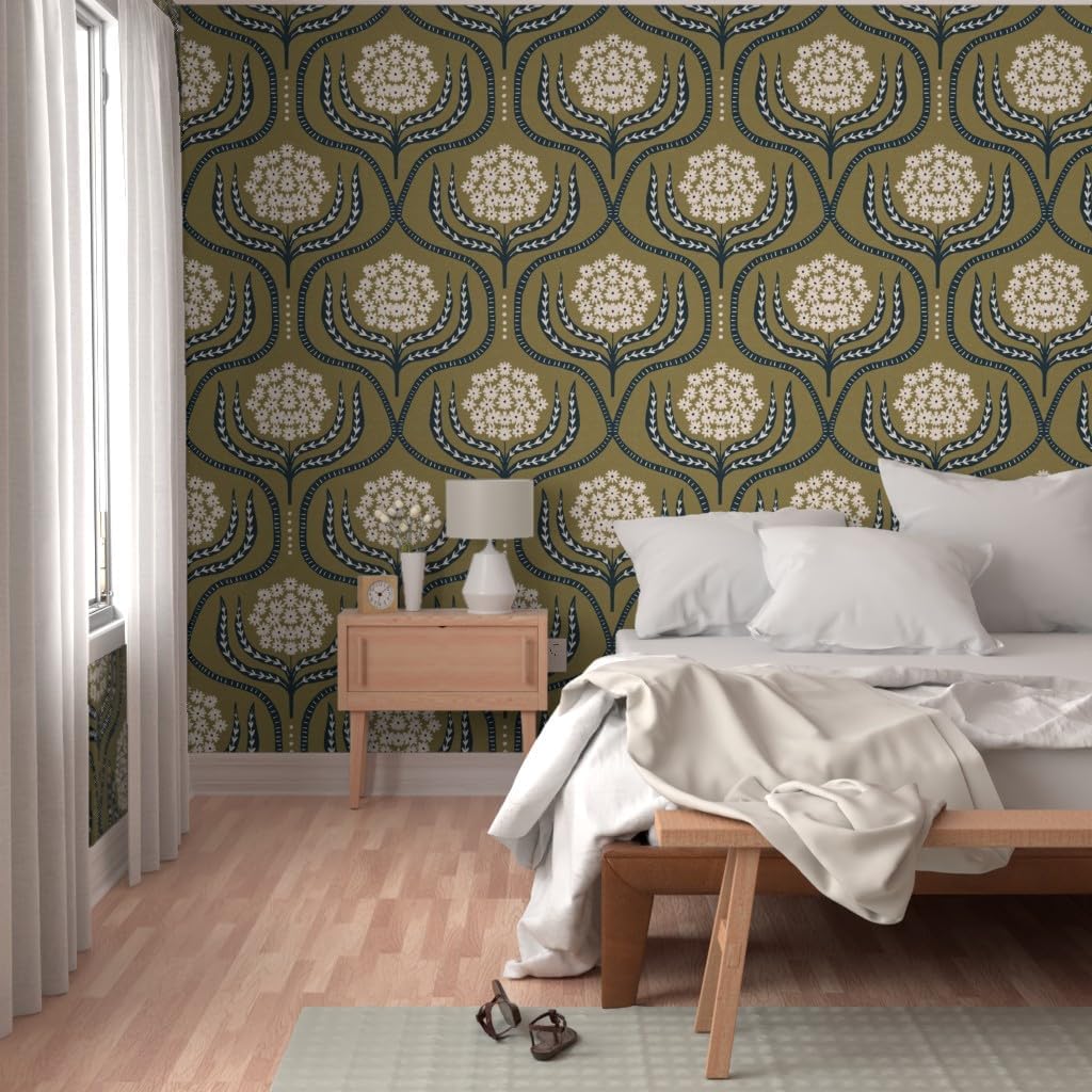 Spoonflower Removable Wallpaper 6ft x 2ft - Large Olive Green Minimal Floral Damask Simple Flower Custom Pre-Pasted Wallpaper
